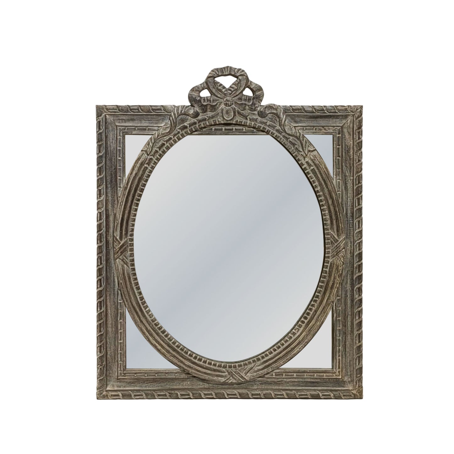 Vintage Carved Wooden Mirror with Ornate Bow Accent